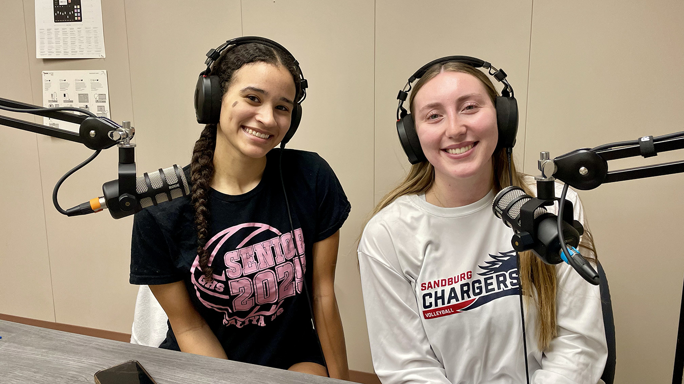 Taliya Galloway and Macy Nolan in podcast studio