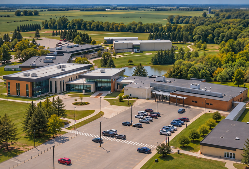 Aerial view of Sandburg's campus.
