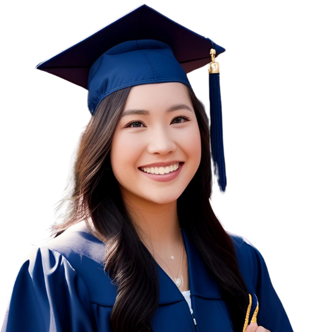 Women smiling wearing a cap and gown for graduation.