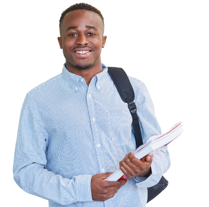 Young black man with a backpack and holding a book.
