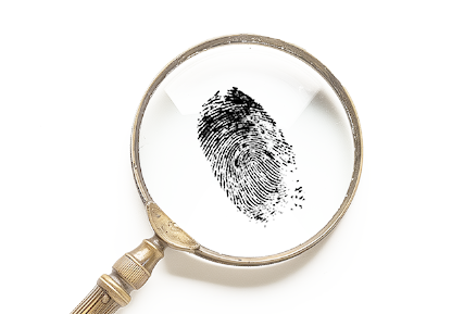 Magnifying glass with a thumb print in it.