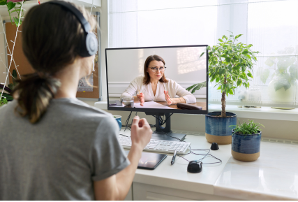 Personal talking to a virtual counselor via a laptop